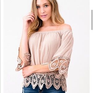 Montrez off shoulder 3/4 sleeve lace trim blouse